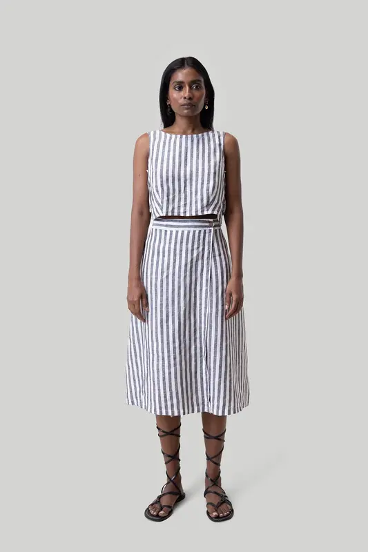 Overlap Midi Skirt in Linen Stripes | Color: Striped Linen | Size: 2XL