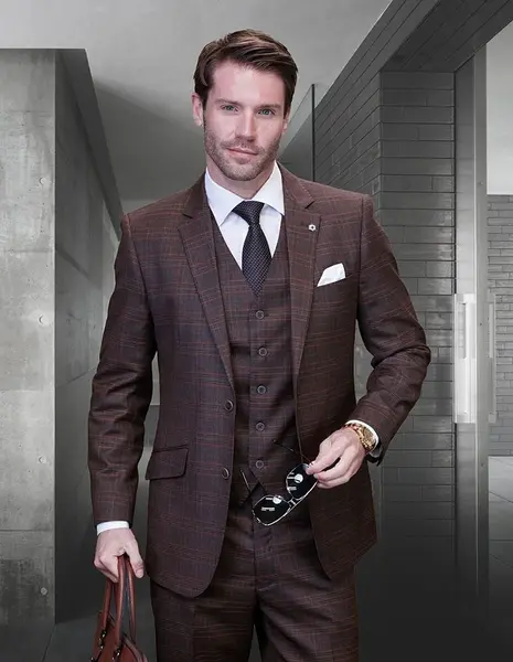 Men's 3-Piece Wool Cashmere Suit: Plaid Windowpane Design