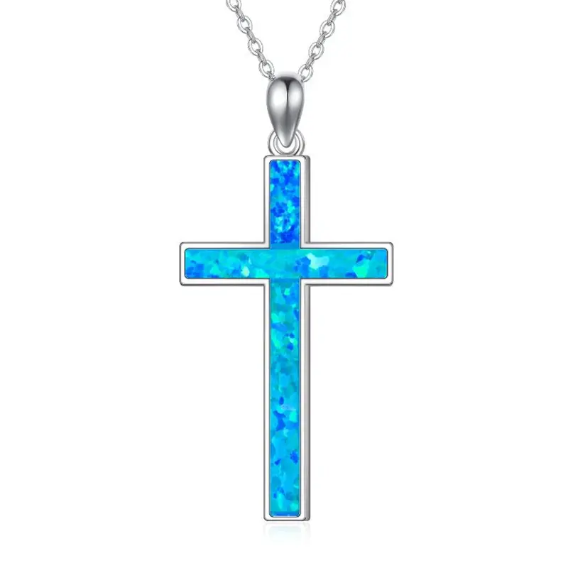 Sterling Silver Opal Cross Pendant Necklace