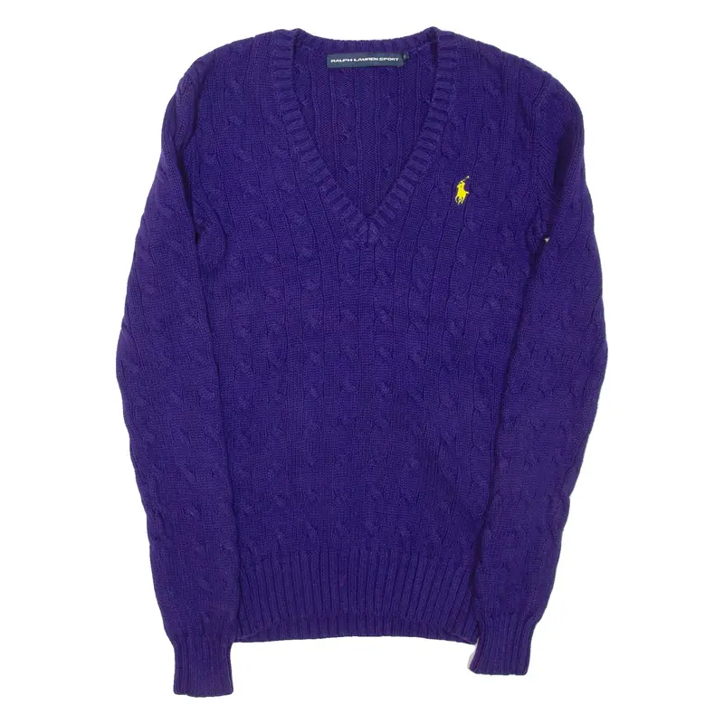 POLO SPORT RALPH LAUREN Womens Jumper Purple V-Neck Cable Knit XS