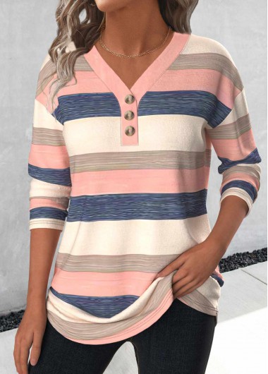 Modlily Light Pink Button Striped Long Sleeve T Shirt - L