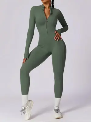 Women's Solid Zip Up Long Sleeve Coverage Sports Jumpsuit, Sporty Comfy Zipper Workout Jumpsuits for Yoga Gym Workout, Ladies...