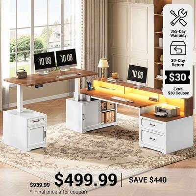 SEDETA ® 76.8 Inch L Shaped Electric Standing Desk with 2 Drawers Led Lights Farmhouse Office Desk with Storage Cabinet Powe...
