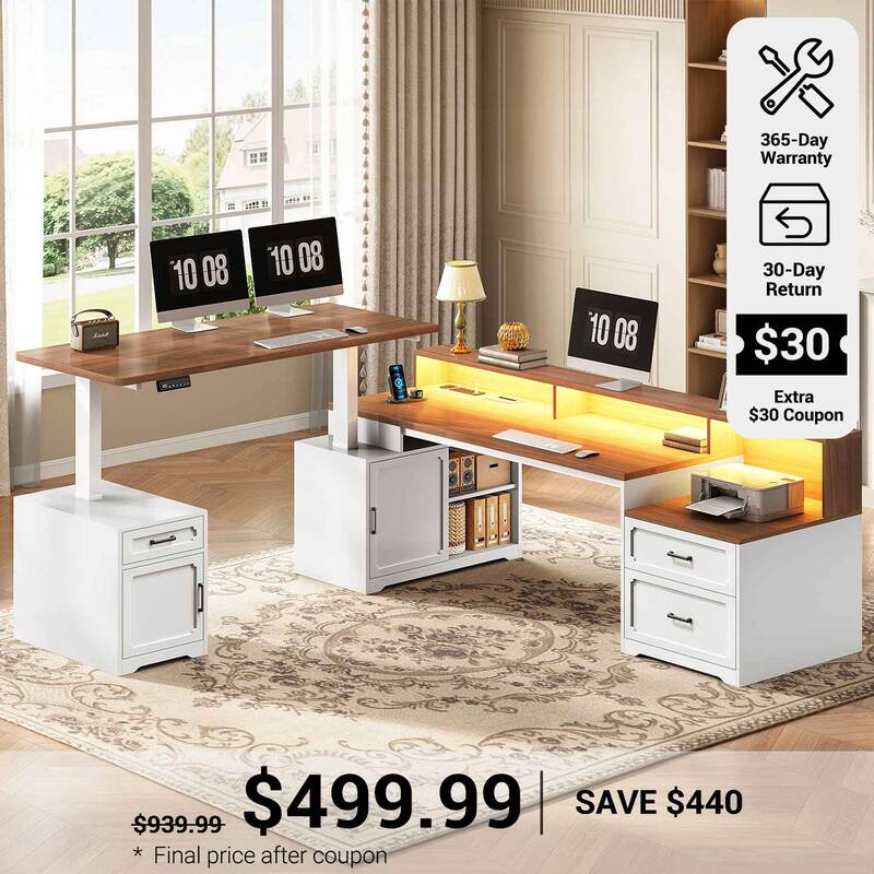 SEDETA ® 76.8 Inch L Shaped Electric Standing Desk with 2 Drawers Led Lights Farmhouse Office Desk with Storage Cabinet Powe...
