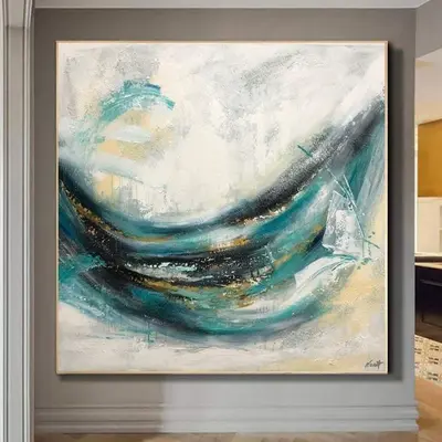 Large Abstract Turquoise Painting On Canvas Beige Wall Art Contemporary Art Wall Decor | FRESHNESS