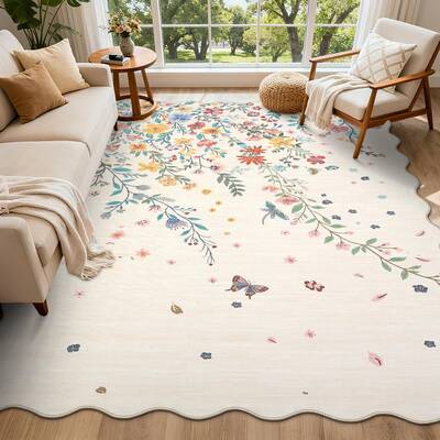 Garvee Floral Washable Scalloped Rugs 8x10 Non-Slip Soft Beige Area Rugs for Living Room, Dining Room, Home Office