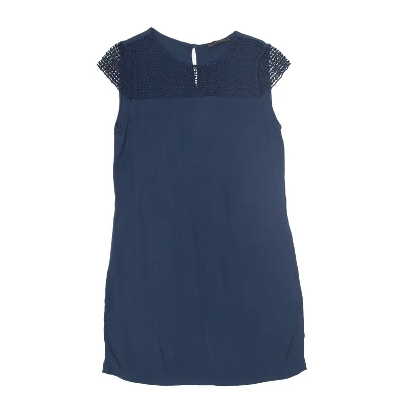ZARA BASIC Sheer Lace Tank Dress Blue Sleeveless Knee Length Womens UK 8
