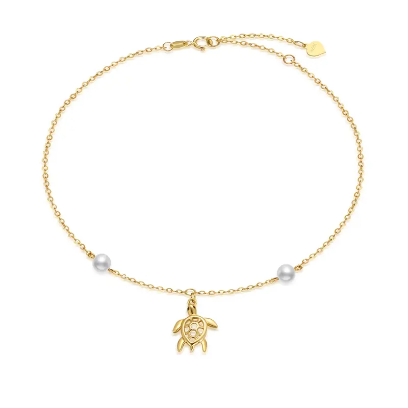 14K Gold Circular Shaped Pearl Sea Turtle Single Layer Anklet