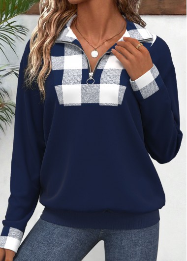 Modlily Navy Patchwork Plaid Long Sleeve Turn Down Collar Sweatshirt - L