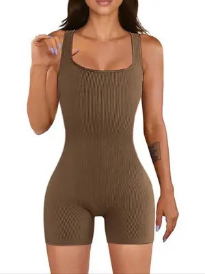 Women's Solid Color Ribbed Square Neck Tank Shapewear Knit Romper, Elegant Casual Comfy Thigh Slimmer Seamless Sleeveless Sh...