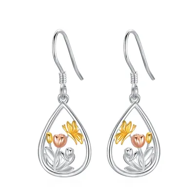 Sterling Silver Tri-tone Butterfly Drop Earrings