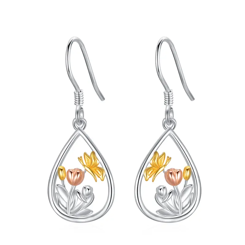Sterling Silver Tri-tone Butterfly Drop Earrings