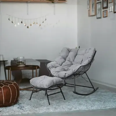 Orange-Casual Outdoor Chair with Ottoman, Comfy Reading Chairs Set with Oversized Cushion, Grey/Blue Cushion Washable Summer ...