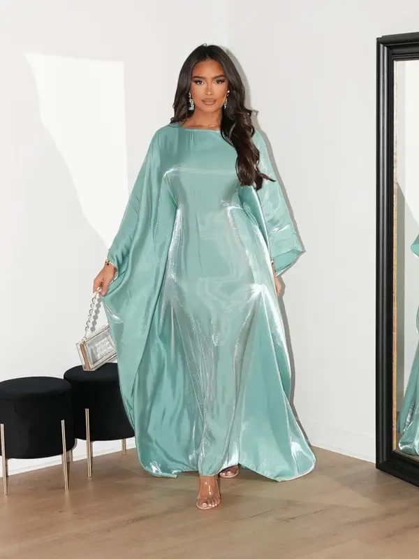 Arabic Clothing-Women's Solid Boat Neck Maxi Arabian Dress, Modest Batwing Sleeve Maxi Dress for Party Holiday Wedding Guest,...