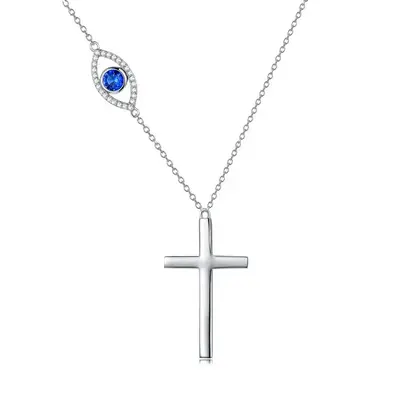 Sterling Silver Circular Shaped Cubic Zirconia Cross & Evil Eye Pendant Necklace