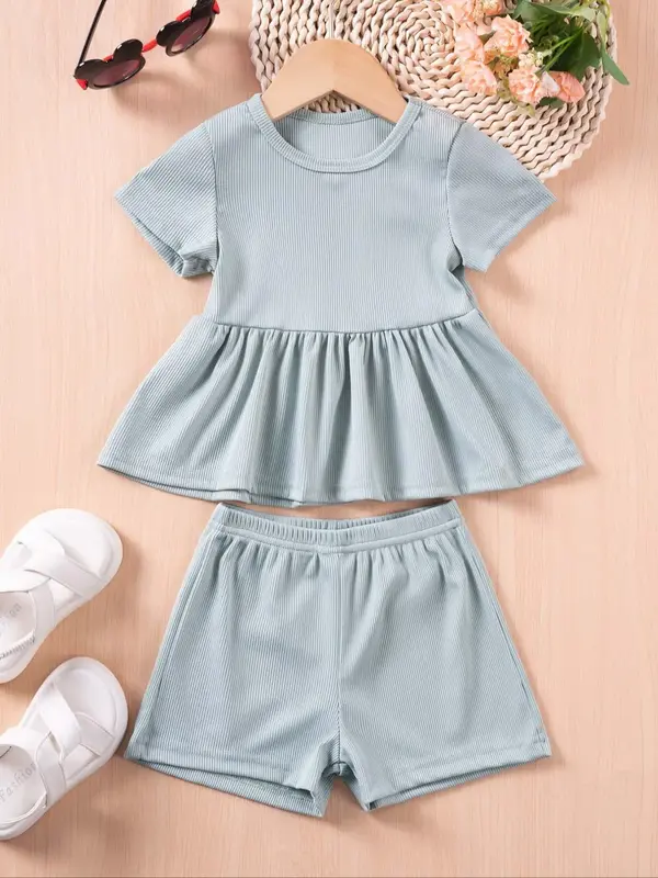 Two-Piece Set Toddler Girl's Solid Ribbed Peplum Tee & Elastic Waist Pants, Casual Round Neck Short Sleeve T-shirt & Trousers...