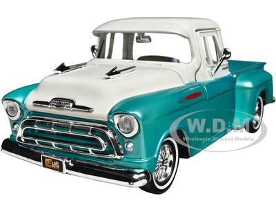1957 Chevrolet 3100 Stepside Pickup Truck Lowrider Turquoise Metallic and White with White Interior \