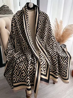 Boho Style Geometric Pattern Double Sided Thickened Shawl, Women's Casual Soft Warm Long Scarf for Fall & Winter, Fashion Acc...