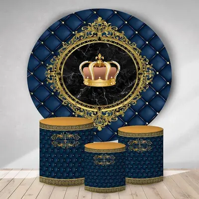 Aperturee Gold Crown Dark Blue Round Boys Birthday Backdrop Kit | Happy Birthday Round Backdrop Cover | Circle Party Backdrop...