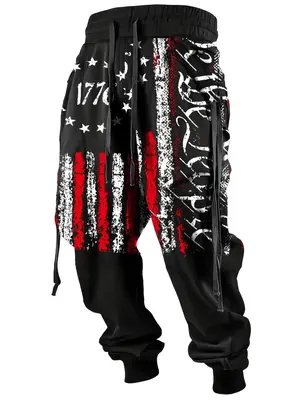 Men's Regular Fit Star & American Flag Print Drawstring Waist Pants, Casual Comfy Streetwear Trousers for Daily Wear, Fashion...