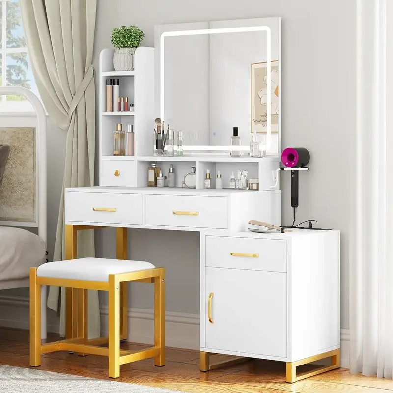 Yitahome Makeup Vanity with Lights and Charging Station, Vanity Mirror with Lights and Table Set, Large Vanity Desk with Stor...