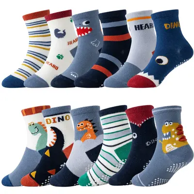 12 Pairs Of Baby Boys Grips Socks Kids Toddlers Infants Non Slip/Anti Skid Crew Cotton Socks