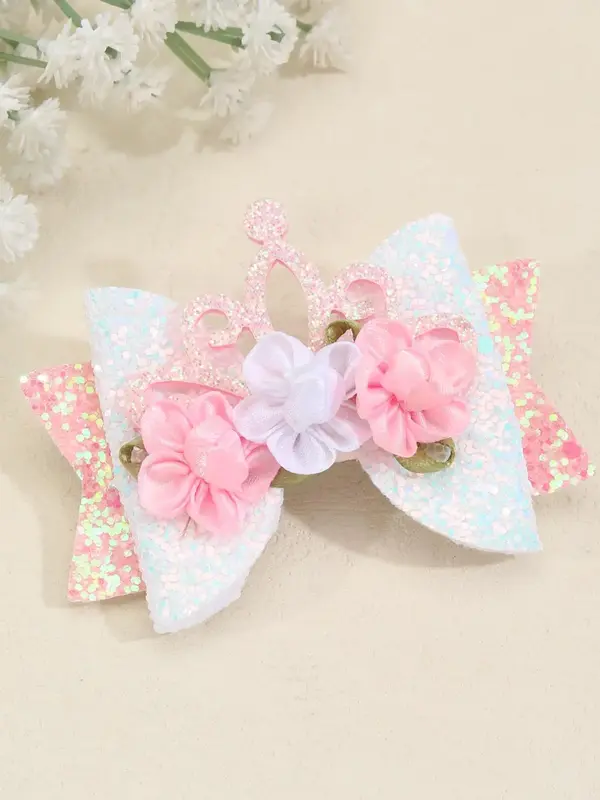 Cute Glitter Contrast Sequin Tiered Layered Bow Decor Hair Clip, Medium Size French Clip, Fashionable Flower Design Hair Acce...