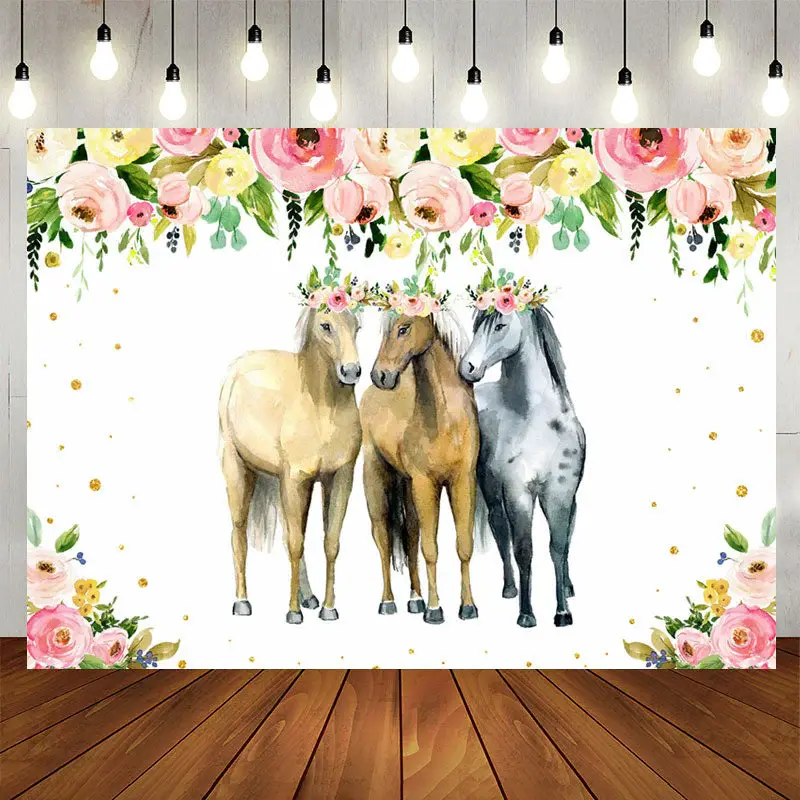 Aperturee Pink Yellow Florals Three Horse Party Backdrop