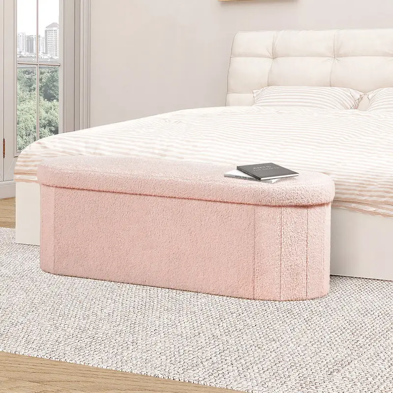 PINPLUS Storage Ottoman Bench Chest, Pink Oval Sherpa Ottoman Foot Rest Stool, Modern Boucle 43 Inches Foldable end of Bed Ot...