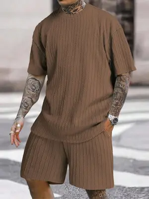 Men's Solid Textured Tee & Drawstring Shorts Set, Regular Fit Casual Short Sleeve T-shirt & Pocket Shorts, Dad Gift, Men's S...