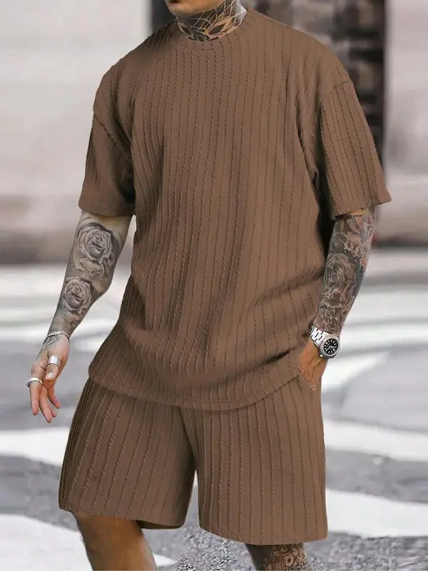 Men's Solid Textured Tee & Drawstring Shorts Set, Regular Fit Casual Short Sleeve T-shirt & Pocket Shorts, Dad Gift, Men's S...