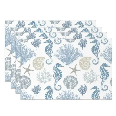 Blue Sea Life Coral Shell Repeat Set Of 4 Placemats - Aperturee