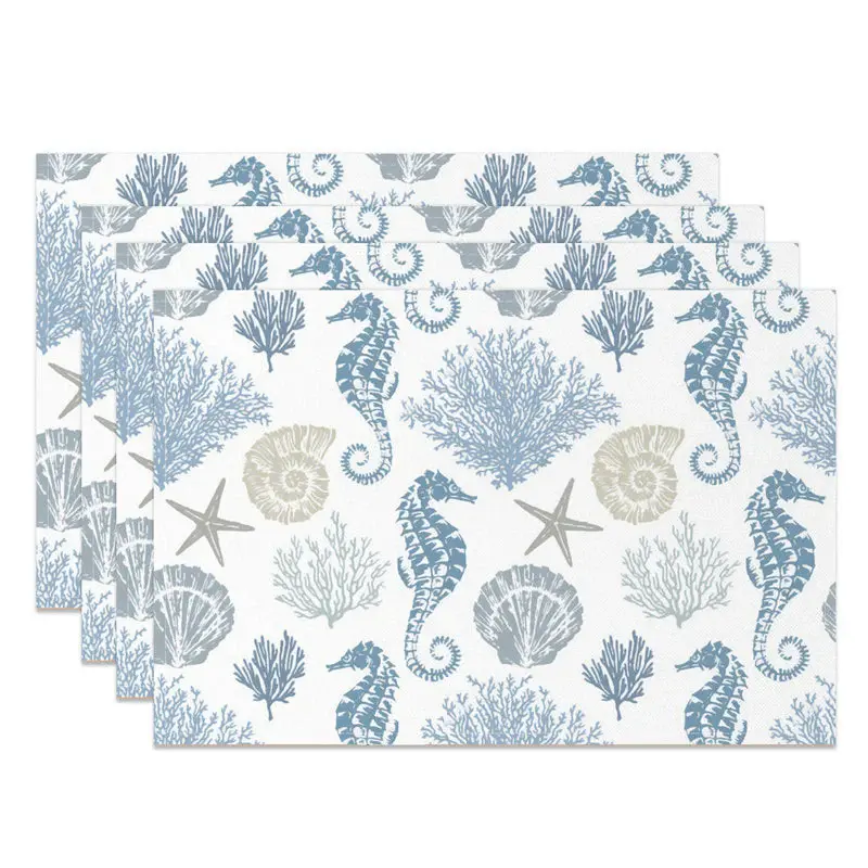 Blue Sea Life Coral Shell Repeat Set Of 4 Placemats - Aperturee