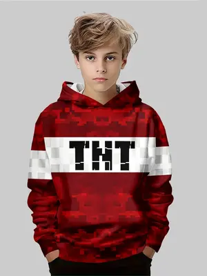 Boys' Fashion 3D Print Hoodie Sweatshirt, Long Sleeve Round Neck Pullover, Elastic Fabric for Fall & Winter, Casual Outdoor W...