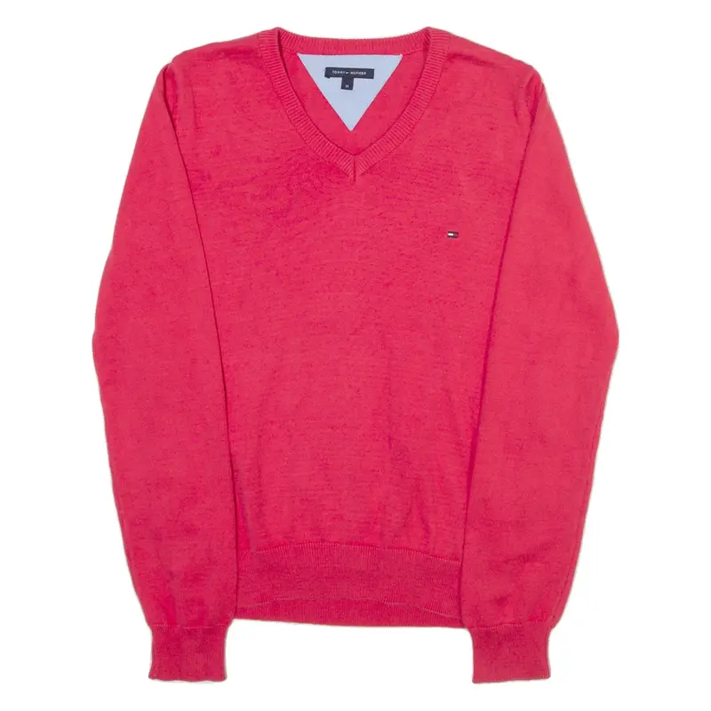 TOMMY HILFIGER Womens Jumper Pink V-Neck Tight Knit M