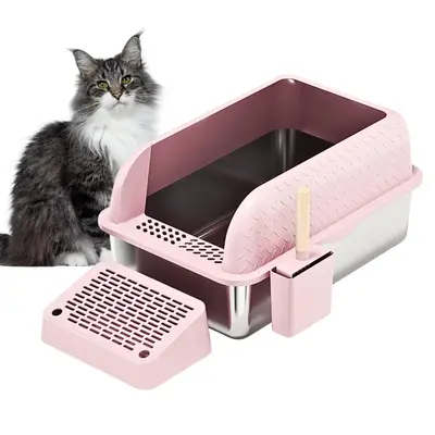 Pink Litter Box Extra Large XL Stainless Steel. Cat Litter Box High Sided Covered Lid Enclosure Includes Litter Scoop with Ho...