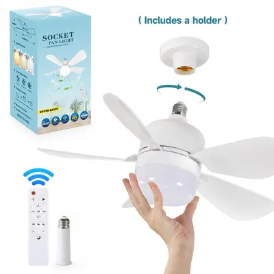 E27 Screw Socket Fan Light, 3 Speed Adjustable Silent Operation Fan Light with 5 Blades & Remote Control, Multifunctional Fan...