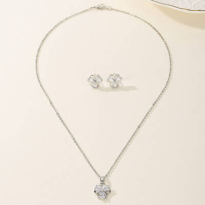 Vintage Brass Cubic Zirconia Clover Stud Earrings & Necklaces Set for Women