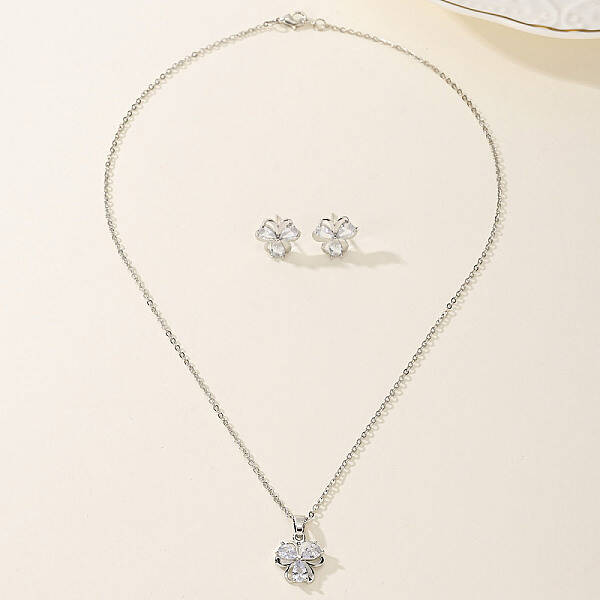 Vintage Brass Cubic Zirconia Clover Stud Earrings & Necklaces Set for Women