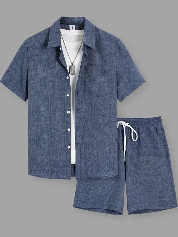 Two-piece Set Men's Solid Shirt & Drawstring Waist Shorts Set, Regular Fit Casual Short Sleeve Top & Shorts, Men's Summer Clo...
