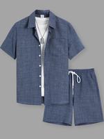 Two-piece Set Men's Solid Shirt & Drawstring Waist Shorts Set, Regular Fit Casual Short Sleeve Top & Shorts, Men's Summer Clo...