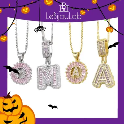[LeBijouLab] Pink Accent 2-Piece Initial Letter Necklace Set – Golden/Silver with Sparkling Cubic Zirconia | Dainty Bubble ...