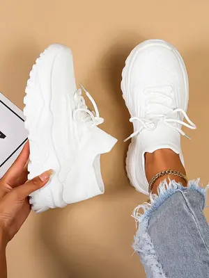 Women's Summer 2024 Fashion Sportive Plain Color Lace Up Sneakers, Casual Comfortable Sports Low Top Sneakers, Trendy Mesh Br...