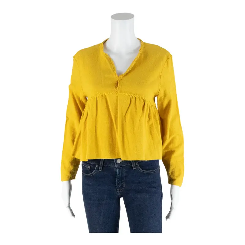ZARA TRAFALUC Flared Hem Yellow V-Neck Long Sleeve Top Womens S