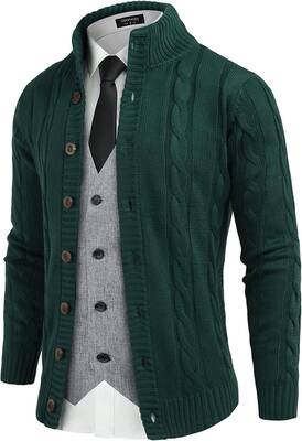 Cardigan Cable Knitted Button Down Sweater (US Only), Green / M