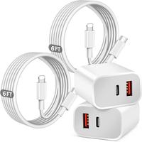 20W PD+QC3.0 Dual Port Fast Charger & 6FT USB C Compatible with Lightning Data Cable, 2 Sets Fast Charging Adapter, Quick Cha...