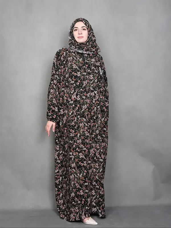 Women's Ditsy Floral Print Long Sleeve Maxi Prayer Dress with Hijab, Modest Casual Maxi Dress  for Daily Wear, Ladies Islamic...