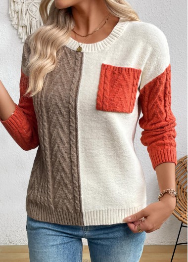 Modlily Multi Color Patchwork Long Sleeve Round Neck Sweater - M