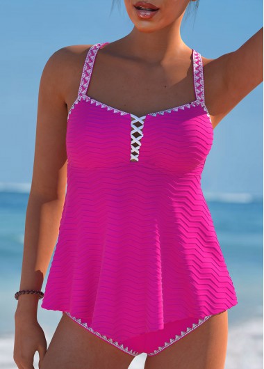 Modlily Criss Cross Circular Ring Hot Pink Tankini Set - XL