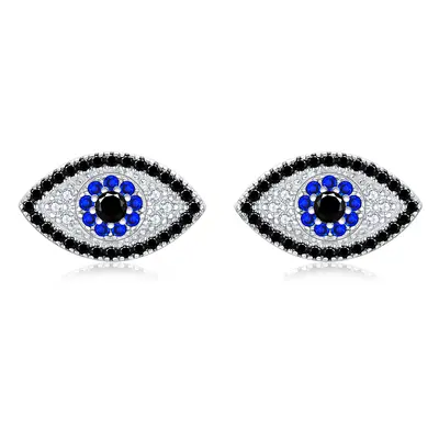 Sterling Silver Circular Shaped Cubic Zirconia Evil Eye Stud Earrings